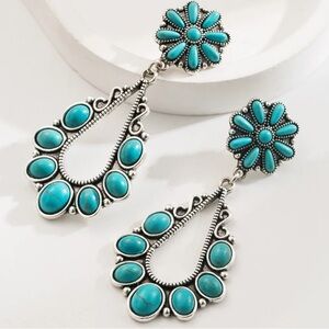 Retro-Western Turquoise Silver Floral Drop Earrings